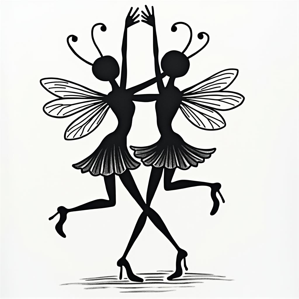 Bees back tattooabstract dancing figures in Keith Haring style, featuring bold black outlines and solid color fills, figures posed in dynamic and playful dance movements, minimalist design - Variation 3