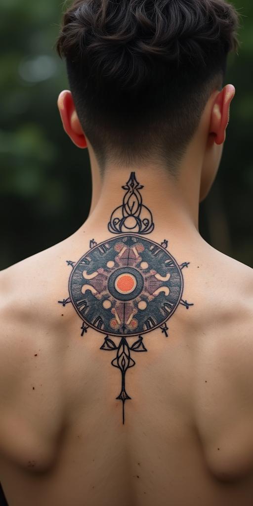 Leo zodiac signin spiritual symbols tattoo style, featuring an intricate design incorporating elements, Hamsa hand, third eye, minimalist composition - Variation 2