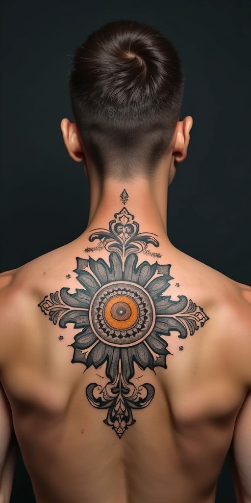 Leo zodiac signin spiritual symbols tattoo style, featuring an intricate design incorporating elements, Hamsa hand, third eye, minimalist composition