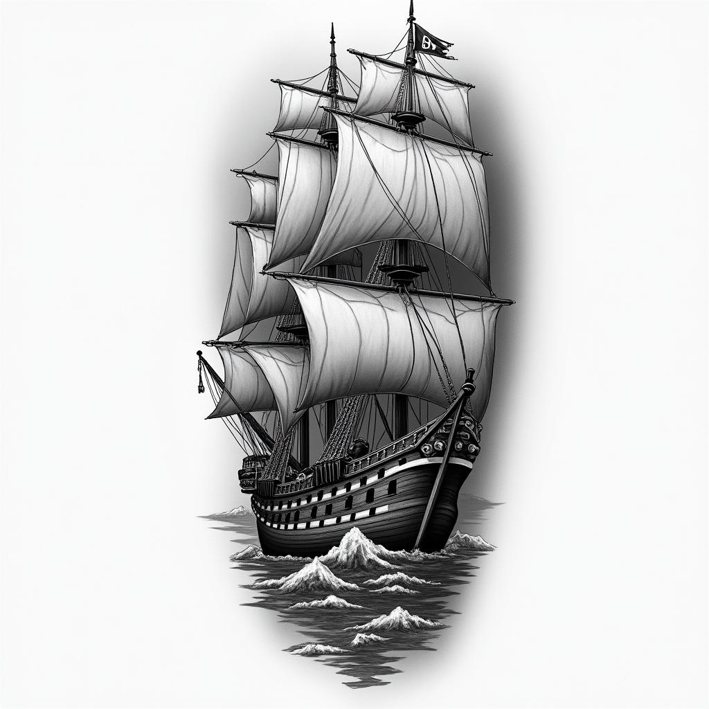 Upper arm, half sleeve. Include themes like pirates, ships, compass. I want shades of gray and black with no color.in realism tattoo style, featuring a highly detailed, lifelike, capturing every detail, photorealistic, ultra realistic, intricate shading, smooth and sharp,  