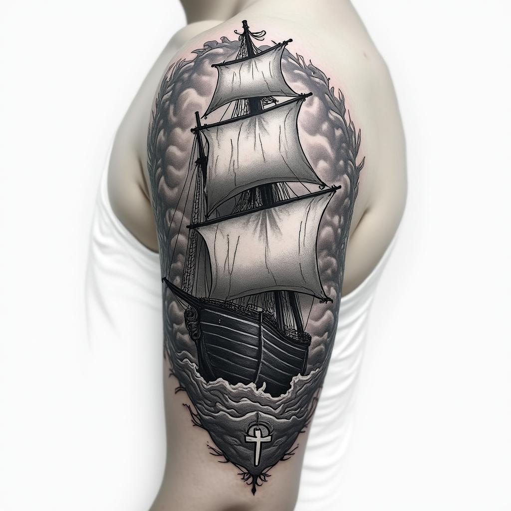 Upper arm, half sleeve. Include themes like pirates, ships, compass. I want shades of gray and black with no color.in realism tattoo style, featuring a highly detailed, lifelike, capturing every detail, photorealistic, ultra realistic, intricate shading, smooth and sharp,   - Variation 3