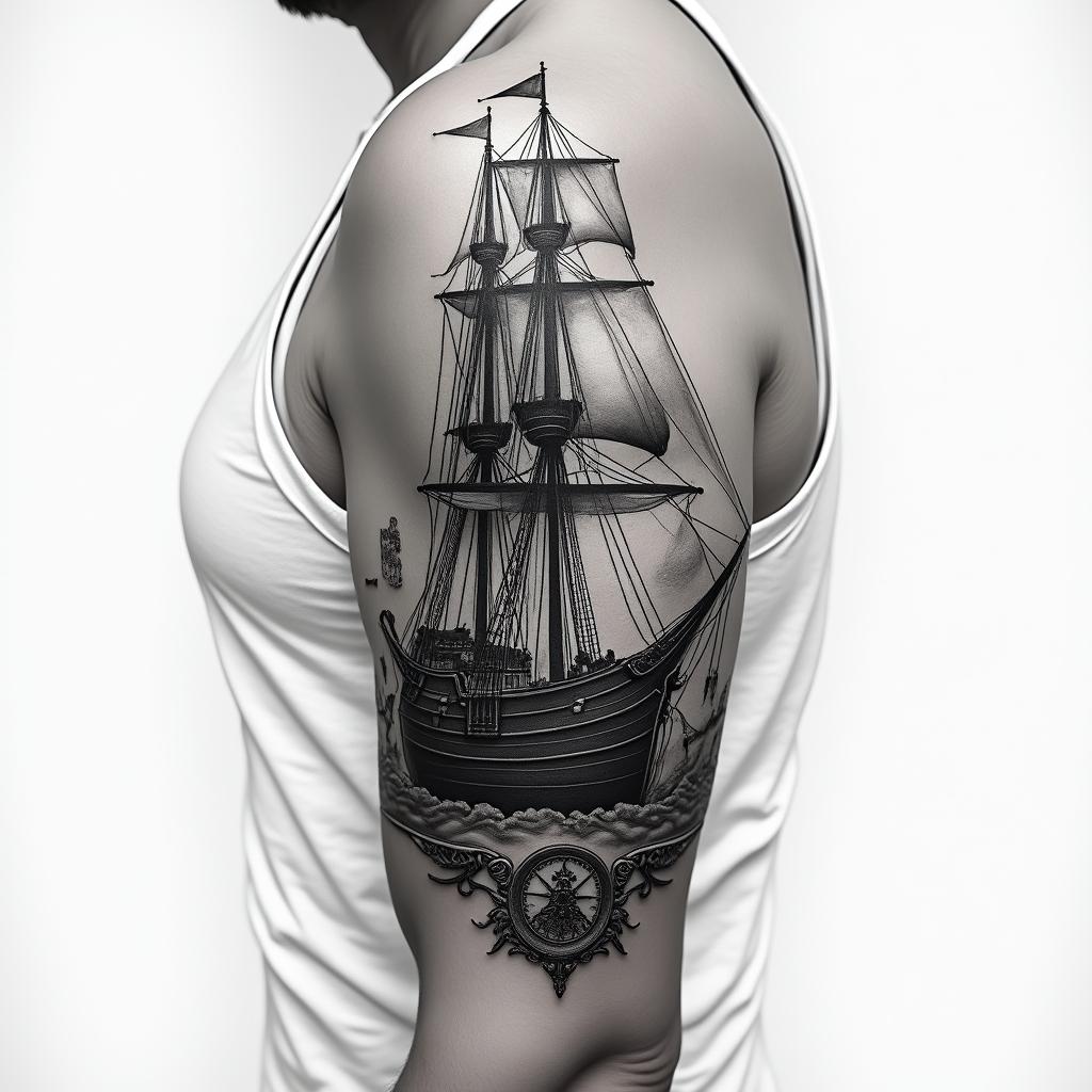 Upper arm, half sleeve. Include themes like pirates, ships, compass. I want shades of gray and black with no color.in realism tattoo style, featuring a highly detailed, lifelike, capturing every detail, photorealistic, ultra realistic, intricate shading, smooth and sharp,   - Variation 2