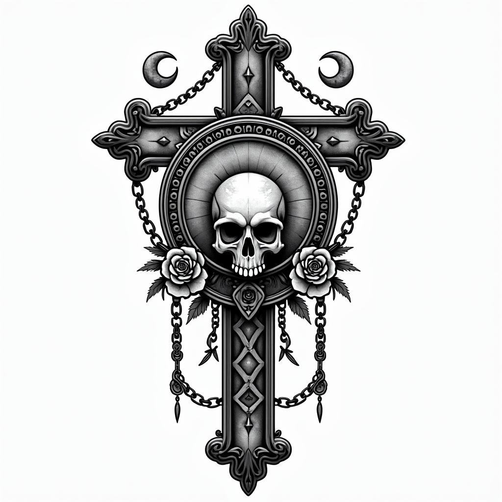 Aztec,broken compass, mountain ranges and moonin chicano style tattoo, featuring intricate black and grey shading, bold elements of traditional chicano culture symbols, add a big cross with skull, chains and roses - Variation 2