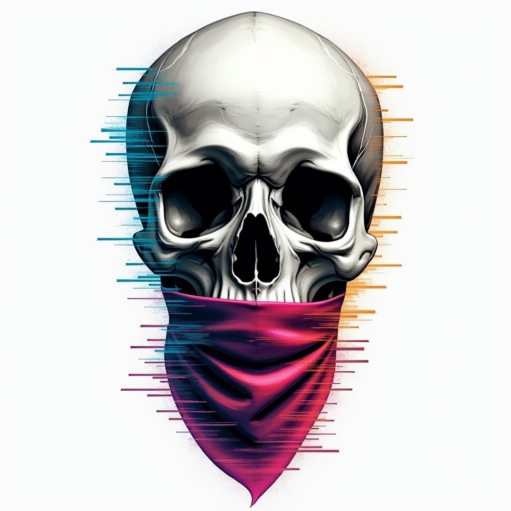Skull with bandana over mouthin distorted and fragmented tattoo design, featuring a classical statue bust, in a glitch art style with vibrant, overlapping colors of cyan, magenta, and yellow, creating a digital distortion effect - Variation 2