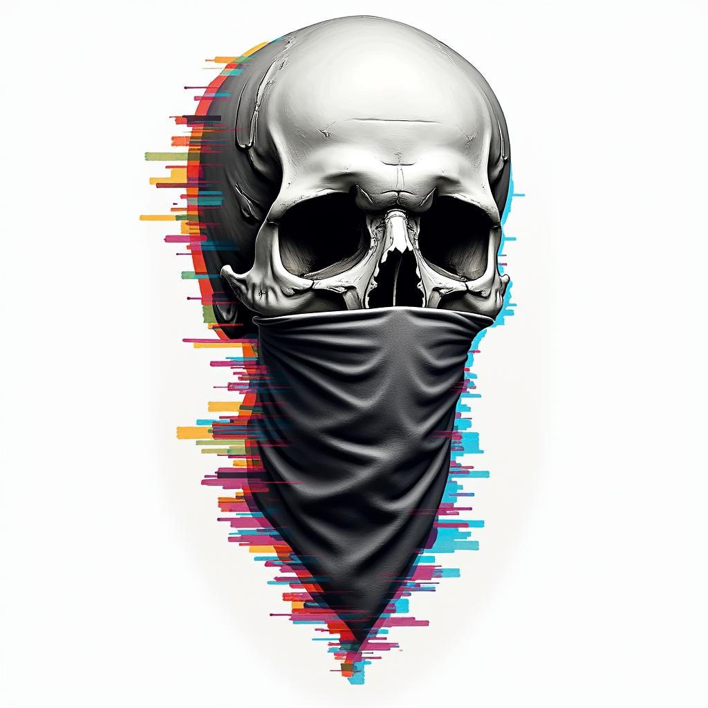 Skull with bandana over mouthin distorted and fragmented tattoo design, featuring a classical statue bust, in a glitch art style with vibrant, overlapping colors of cyan, magenta, and yellow, creating a digital distortion effect