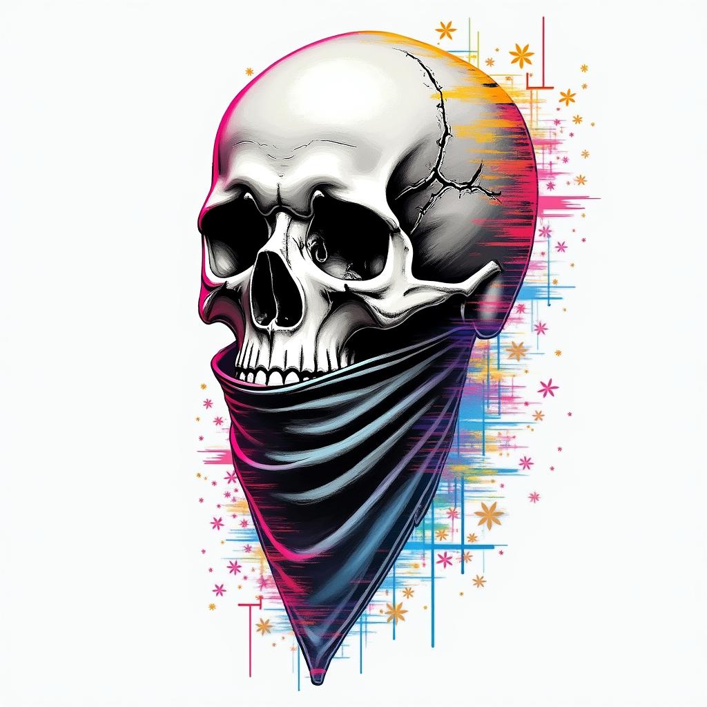 Skull with bandana over mouthin distorted and fragmented tattoo design, featuring a classical statue bust, in a glitch art style with vibrant, overlapping colors of cyan, magenta, and yellow, creating a digital distortion effect - Variation 3
