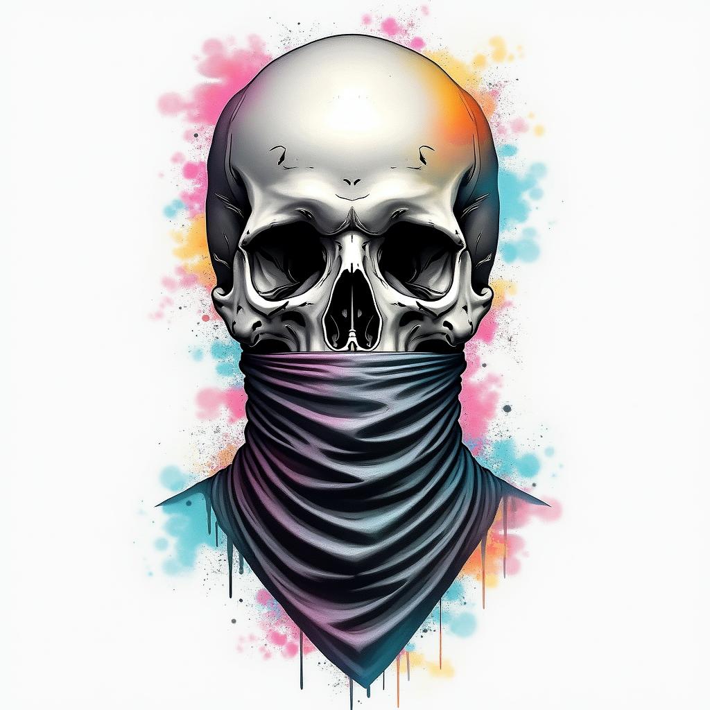 Skull with bandana over mouthin distorted and fragmented tattoo design, featuring a classical statue bust, in a glitch art style with vibrant, overlapping colors of cyan, magenta, and yellow, creating a digital distortion effect - Variation 4