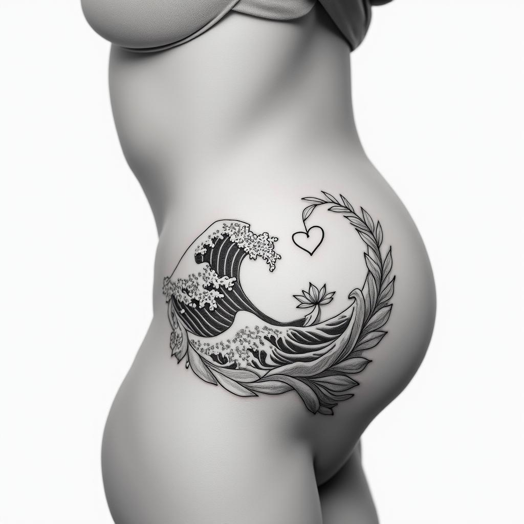 Something feminine should be fine on the side of the stomach.in Modest style tattoo, featuring soft, delicate line work with simple and meaningful symbols, gentle waves, a heart, evoking a sense of serenity and grace, - Variation 3