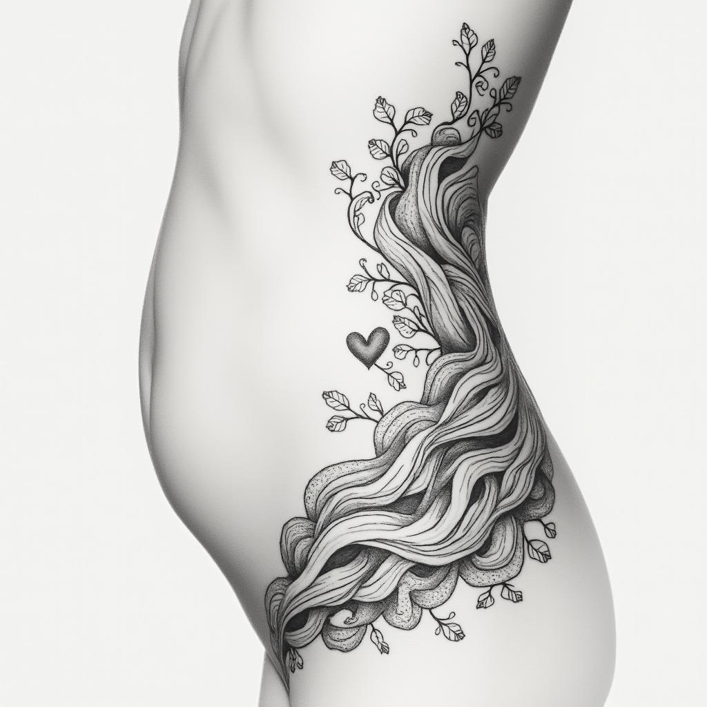 Something feminine should be fine on the side of the stomach.in Modest style tattoo, featuring soft, delicate line work with simple and meaningful symbols, gentle waves, a heart, evoking a sense of serenity and grace, - Variation 4