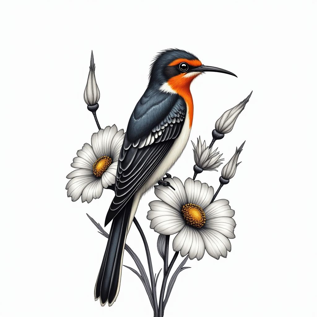 Scissor tailed fly catcher surrounded by Indian blanket flowershigly detailed tattoo - Variation 5