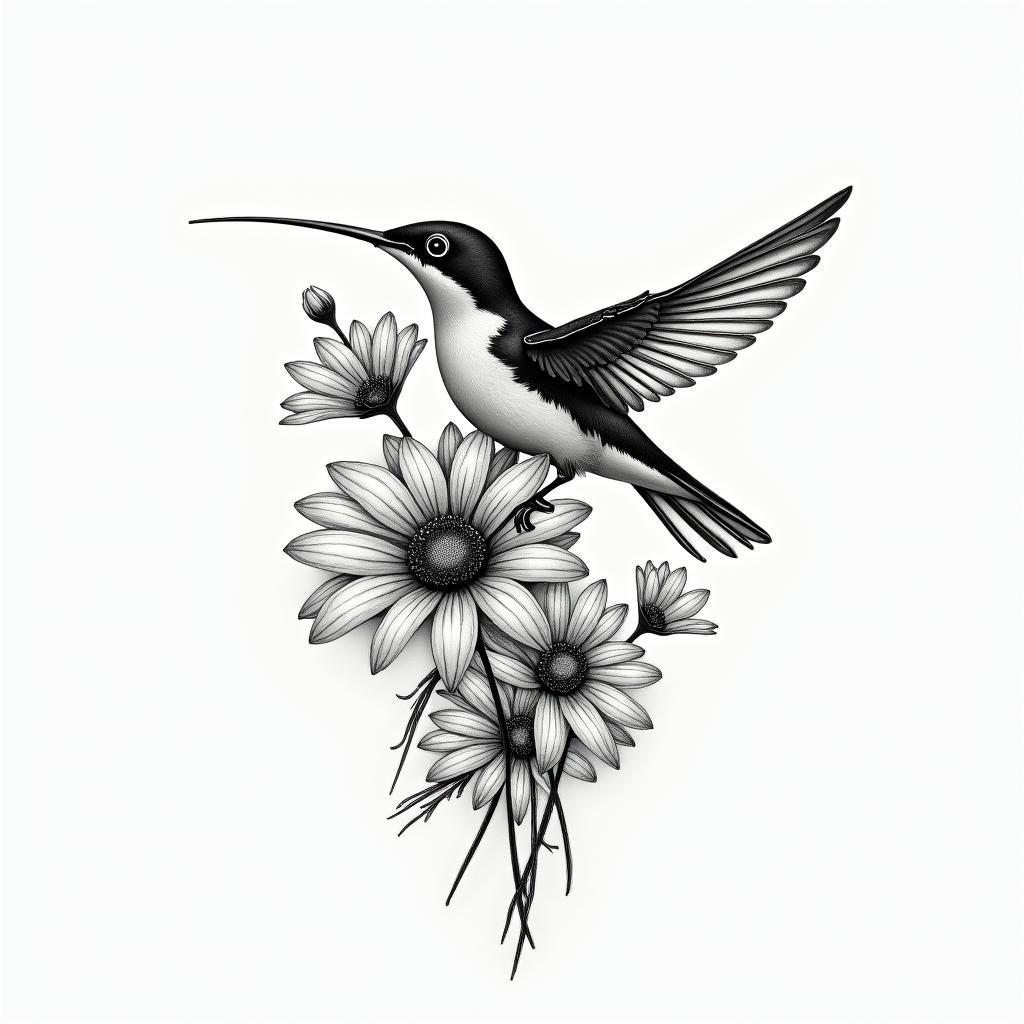 Scissor tailed fly catcher surrounded by Indian blanket flowershigly detailed tattoo - Variation 6