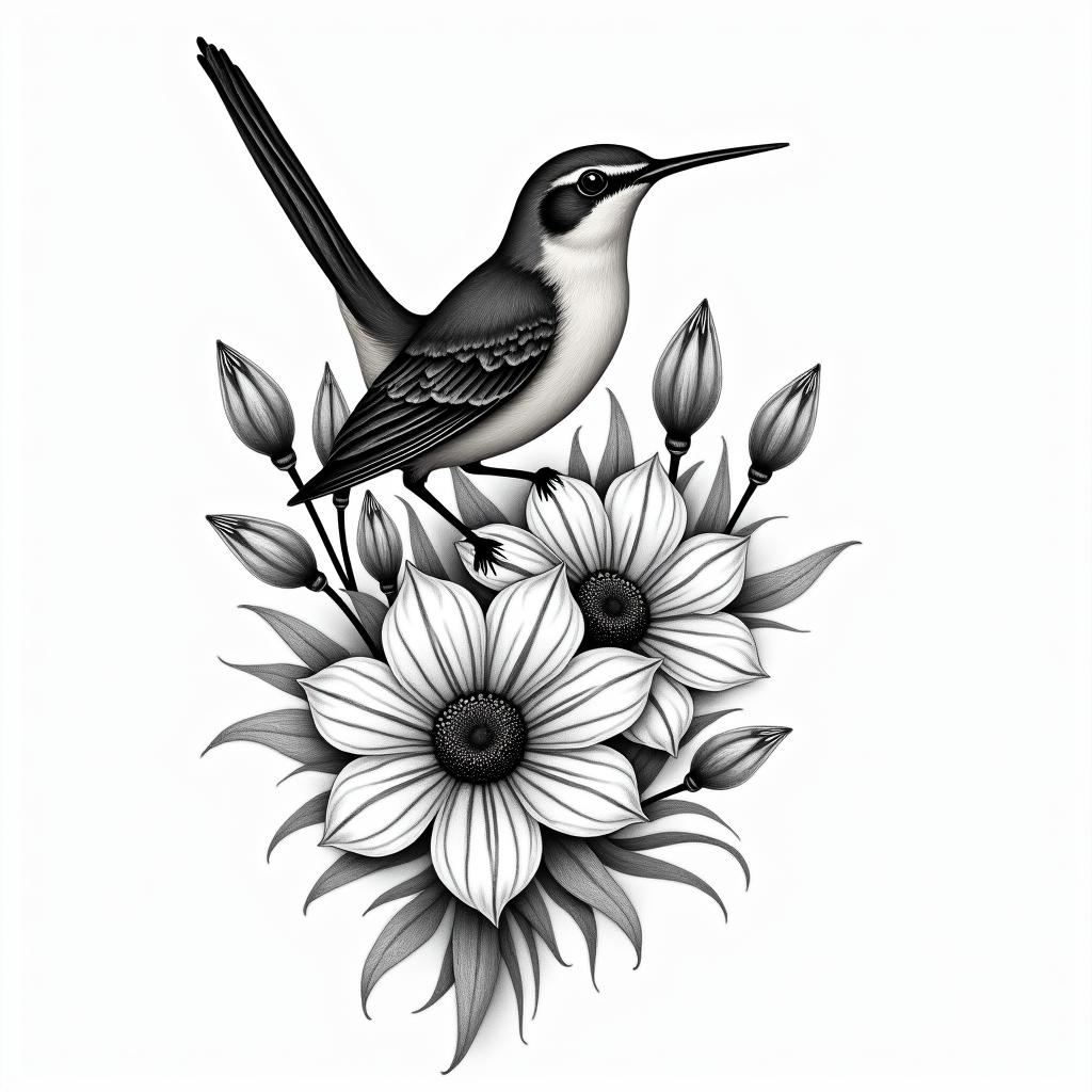 Scissor tailed fly catcher surrounded by Indian blanket flowershigly detailed tattoo - Variation 8