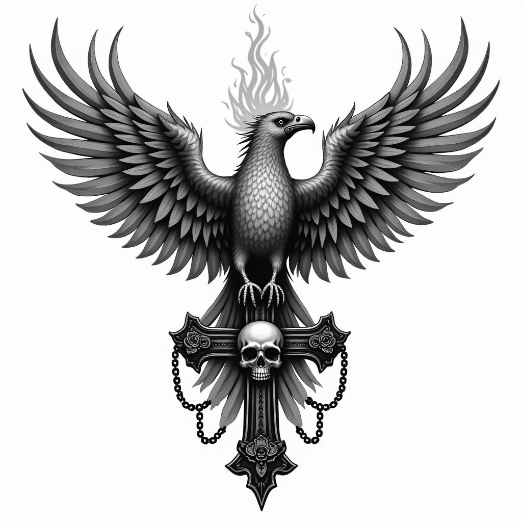 Flying phoenix with firein chicano style tattoo, featuring intricate black and grey shading, bold elements of traditional chicano culture symbols, add a big cross with skull, chains and roses - Variation 3