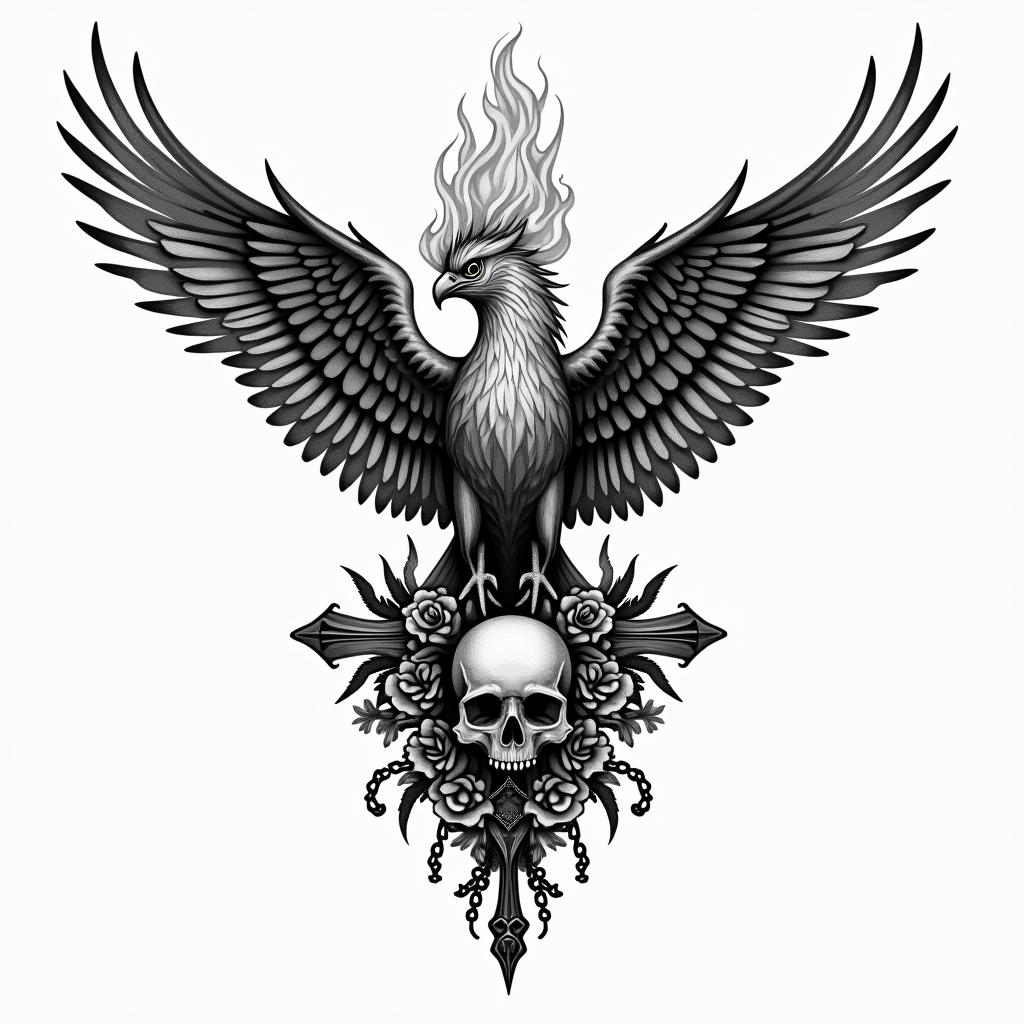 Flying phoenix with firein chicano style tattoo, featuring intricate black and grey shading, bold elements of traditional chicano culture symbols, add a big cross with skull, chains and roses - Variation 4