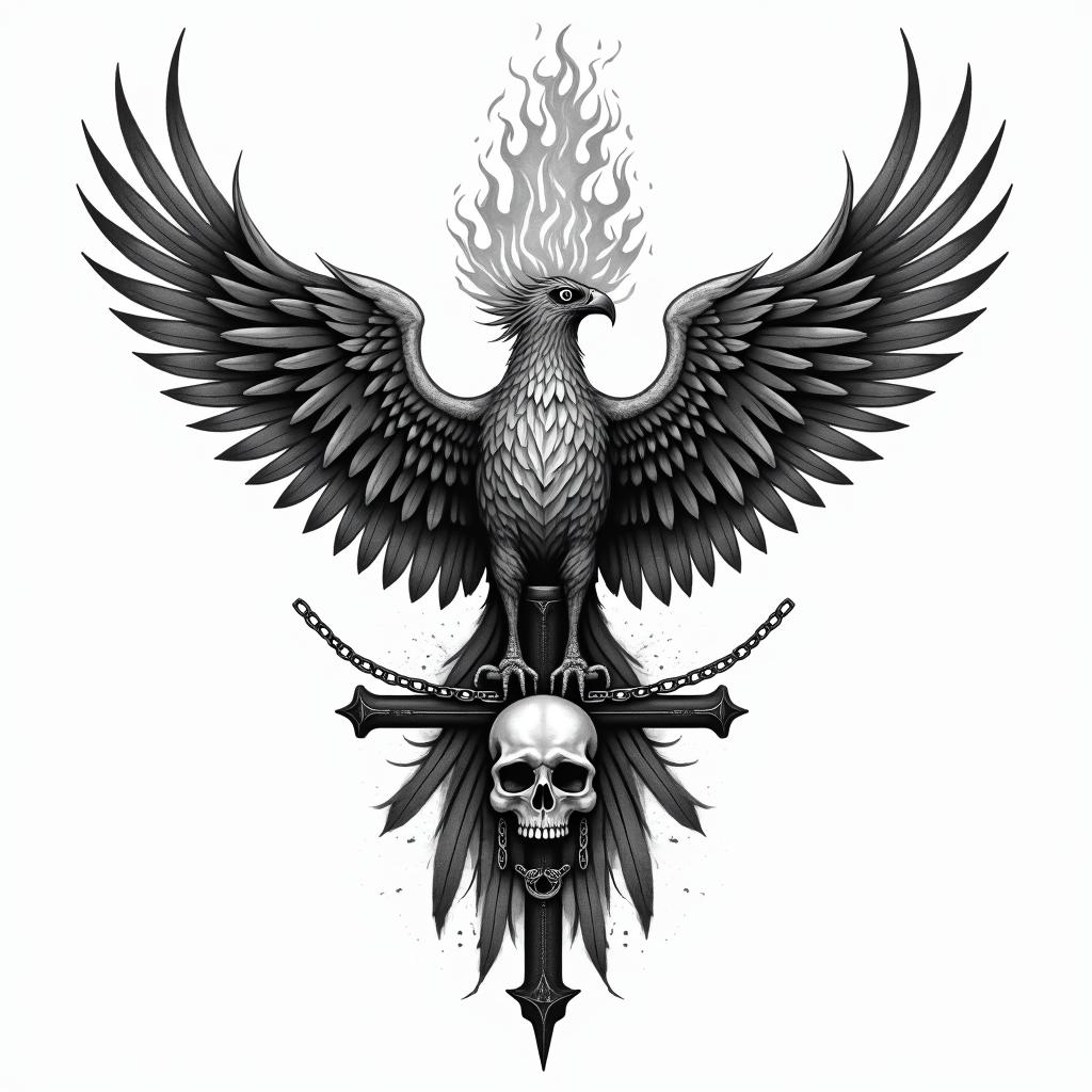 Flying phoenix with firein chicano style tattoo, featuring intricate black and grey shading, bold elements of traditional chicano culture symbols, add a big cross with skull, chains and roses
