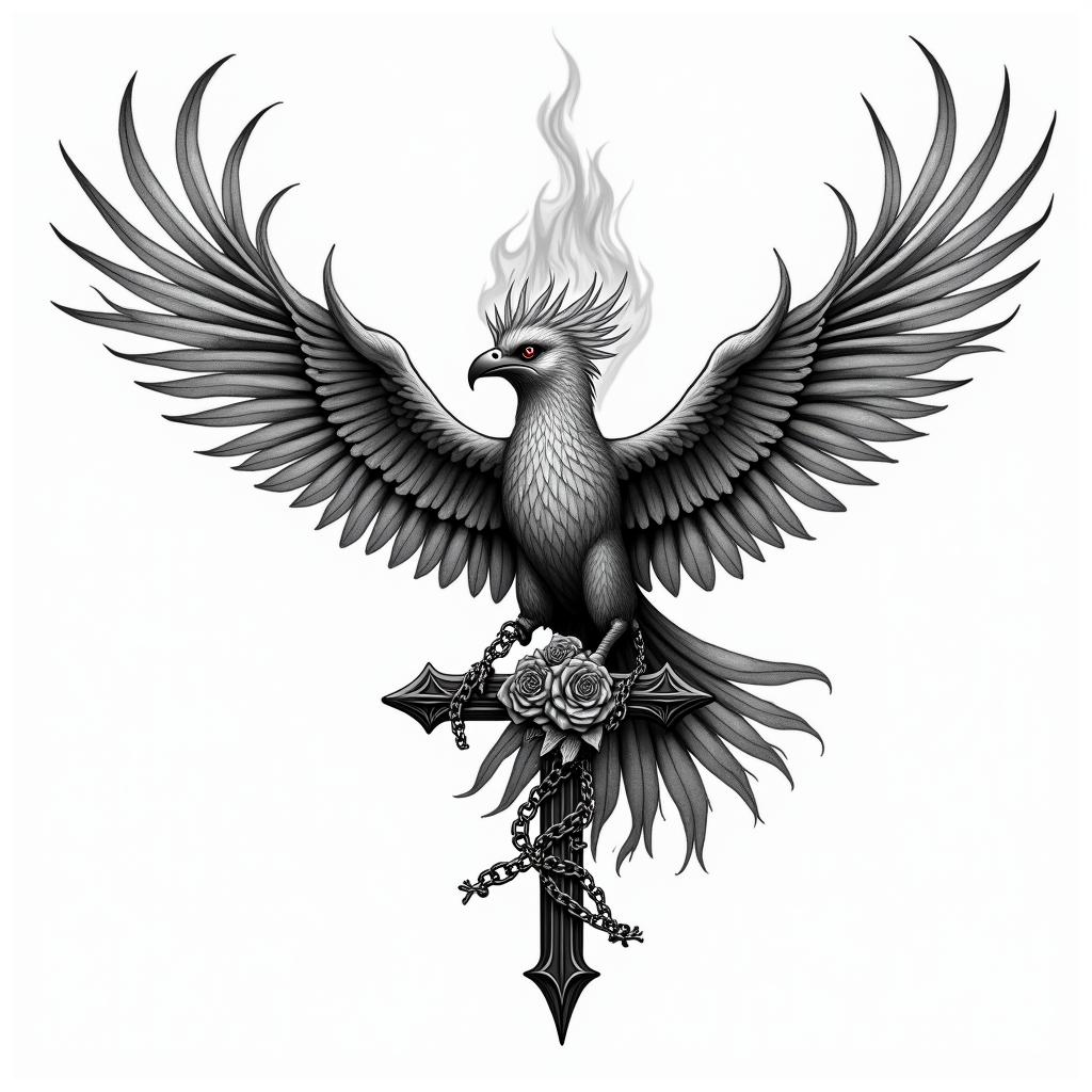 Flying phoenix with firein chicano style tattoo, featuring intricate black and grey shading, bold elements of traditional chicano culture symbols, add a big cross with skull, chains and roses - Variation 2