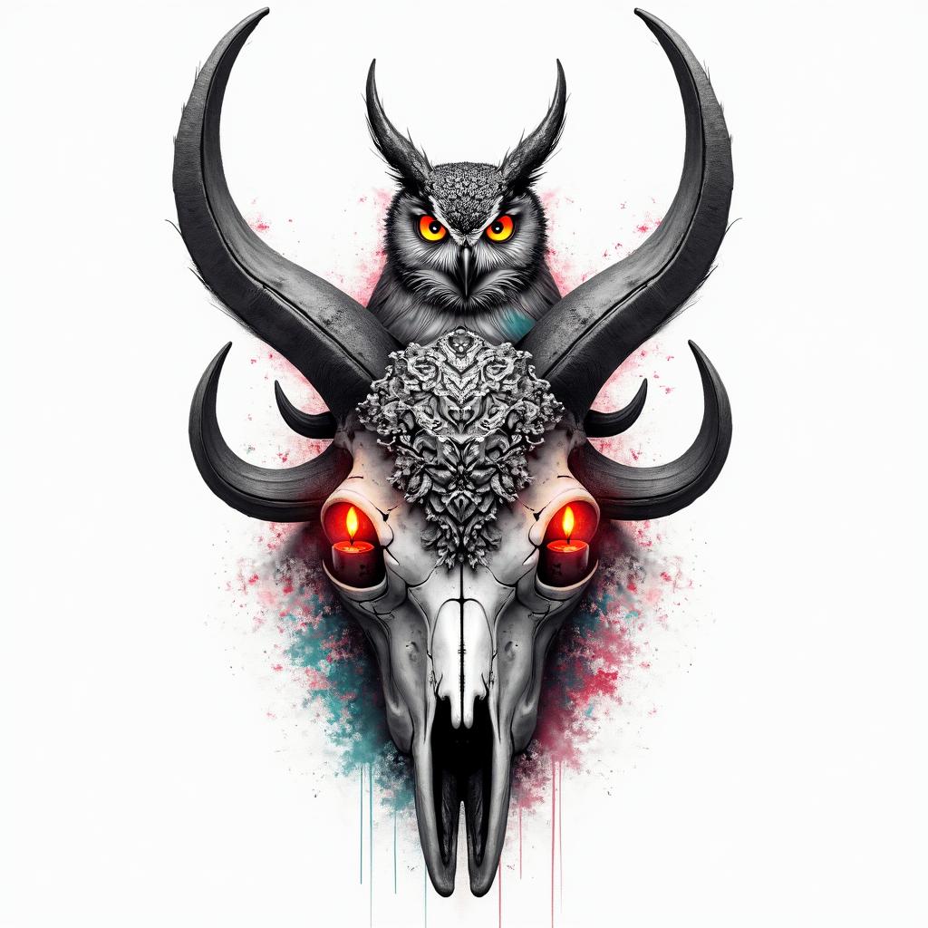 A horned owl perched onto a bull skull with red candles burning in the skills eye sockets with the owl having glowing yellow eyes with steam coming off of themin distorted and fragmented tattoo design, featuring a classical statue bust, in a glitch art style with vibrant, overlapping colors of cyan, magenta, and yellow, creating a digital distortion effect - Variation 2