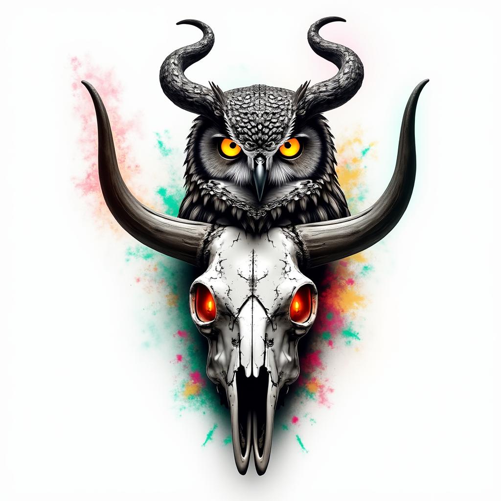 A horned owl perched onto a bull skull with red candles burning in the skills eye sockets with the owl having glowing yellow eyes with steam coming off of themin distorted and fragmented tattoo design, featuring a classical statue bust, in a glitch art style with vibrant, overlapping colors of cyan, magenta, and yellow, creating a digital distortion effect