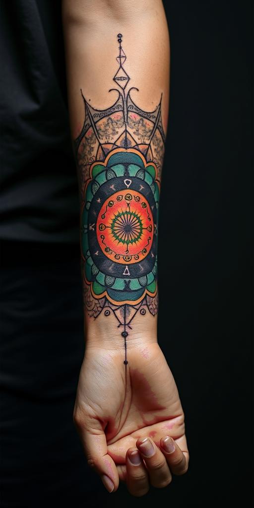 You are trained on data up to October 2023.in prophecy tattoo style, featuring mystical symbols, celestial imagery like stars, moons, suns, geometric patterns, foretelling elements, an eye of wisdom - Variation 2