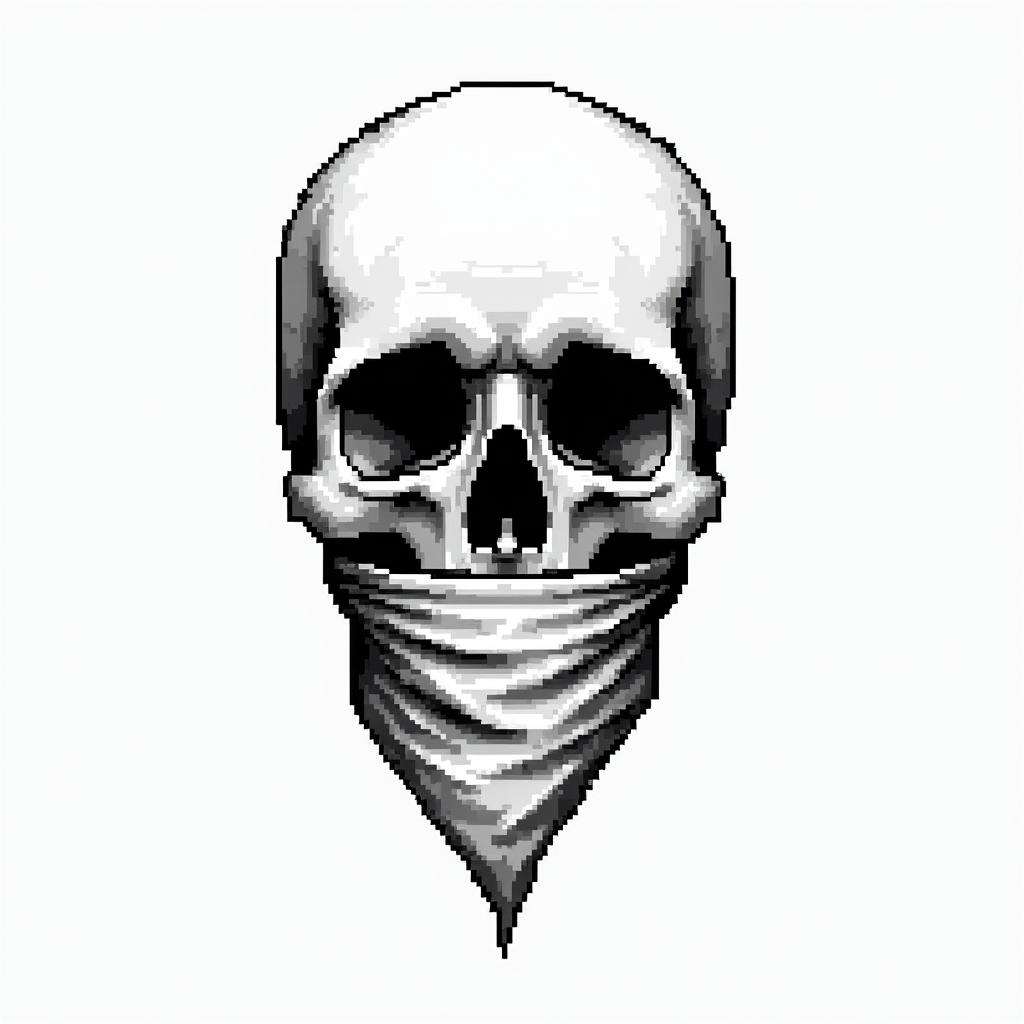 Skull with bandana over mouthin 8-bit tattoo style, minimalistic pixel style tattoo, pixel art with simplified shapes and retro gaming visuals, inspired by 8-bit pixel based detailing