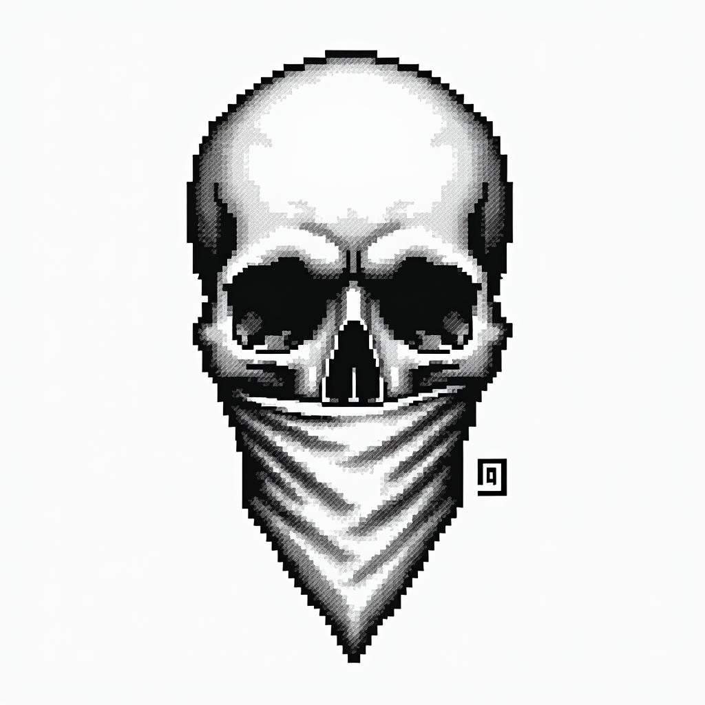 Skull with bandana over mouthin 8-bit tattoo style, minimalistic pixel style tattoo, pixel art with simplified shapes and retro gaming visuals, inspired by 8-bit pixel based detailing - Variation 4