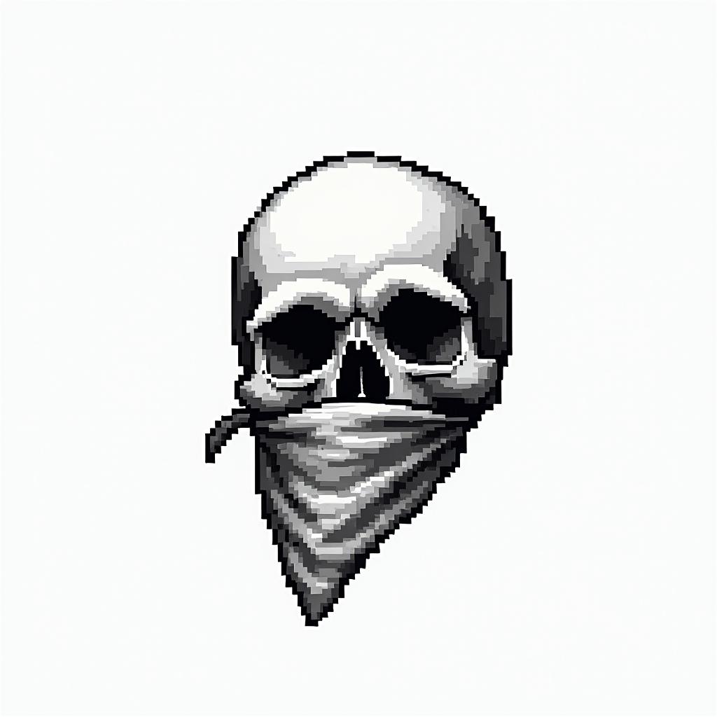 Skull with bandana over mouthin 8-bit tattoo style, minimalistic pixel style tattoo, pixel art with simplified shapes and retro gaming visuals, inspired by 8-bit pixel based detailing - Variation 2