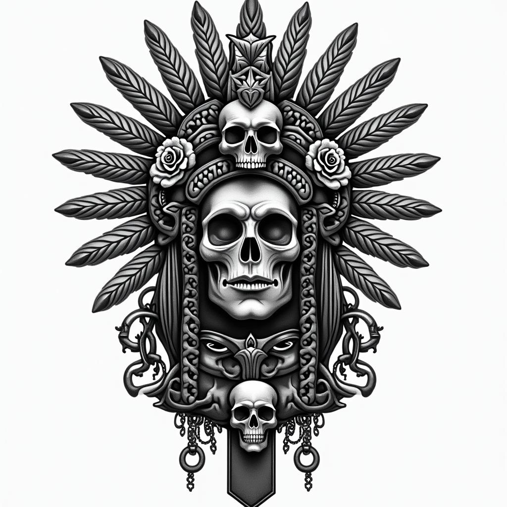 Ancient Aztec with facein chicano style tattoo, featuring intricate black and grey shading, bold elements of traditional chicano culture symbols, add a big cross with skull, chains and roses - Variation 4