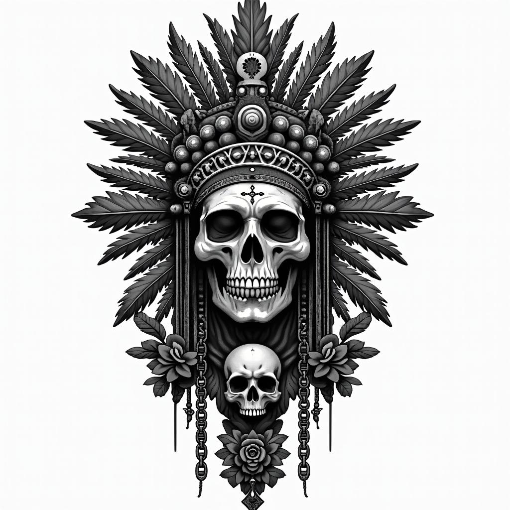 Ancient Aztec with facein chicano style tattoo, featuring intricate black and grey shading, bold elements of traditional chicano culture symbols, add a big cross with skull, chains and roses - Variation 3