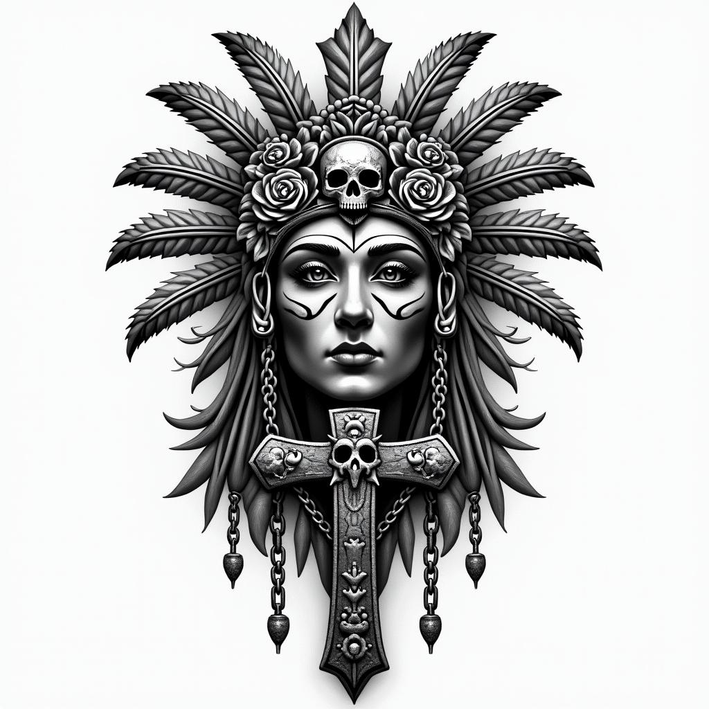 Ancient Aztec with facein chicano style tattoo, featuring intricate black and grey shading, bold elements of traditional chicano culture symbols, add a big cross with skull, chains and roses - Variation 2