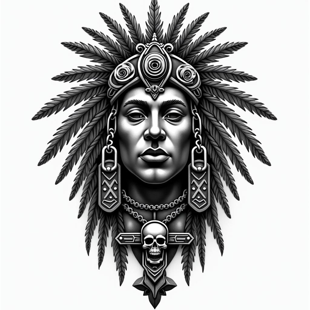 Ancient Aztec with facein chicano style tattoo, featuring intricate black and grey shading, bold elements of traditional chicano culture symbols, add a big cross with skull, chains and roses