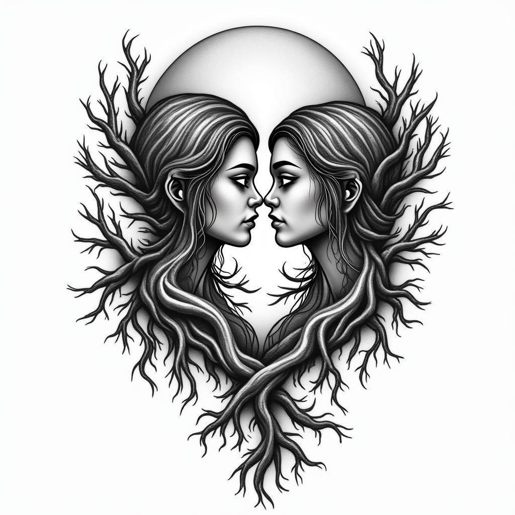 An abstract couple tattoo featuring intertwined roots symbolizing a long relationship since age 16, including characters Peeley from Fortnite, Venom and Scarlet Witch from Marvel, and Waluigi and Rosalina from Mario. Additionally, incorporate the triple moon and Hecate symbols, reflecting pagan beliefs, with heavy metal motifs like musical notes and instruments. The overall style should be unique and abstract.higly detailed tattoo - Variation 2
