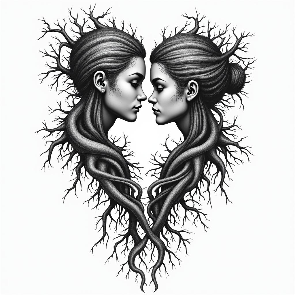 An abstract couple tattoo featuring intertwined roots symbolizing a long relationship since age 16, including characters Peeley from Fortnite, Venom and Scarlet Witch from Marvel, and Waluigi and Rosalina from Mario. Additionally, incorporate the triple moon and Hecate symbols, reflecting pagan beliefs, with heavy metal motifs like musical notes and instruments. The overall style should be unique and abstract.higly detailed tattoo - Variation 3