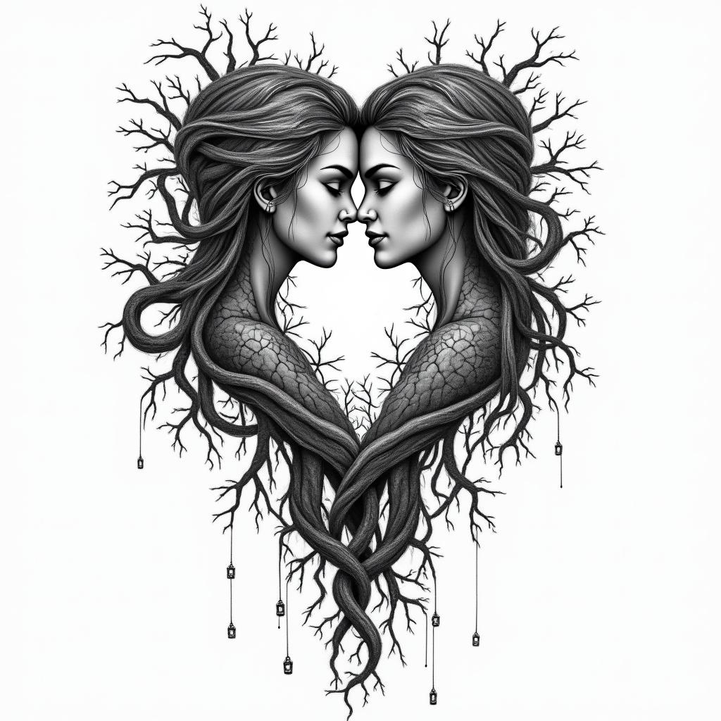 An abstract couple tattoo featuring intertwined roots symbolizing a long relationship since age 16, including characters Peeley from Fortnite, Venom and Scarlet Witch from Marvel, and Waluigi and Rosalina from Mario. Additionally, incorporate the triple moon and Hecate symbols, reflecting pagan beliefs, with heavy metal motifs like musical notes and instruments. The overall style should be unique and abstract.higly detailed tattoo - Variation 4