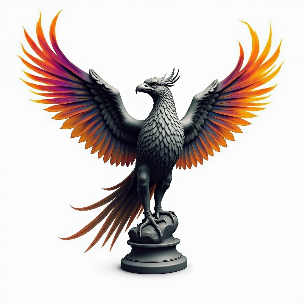 Flying phoenix with firein distorted and fragmented tattoo design, featuring a classical statue bust, in a glitch art style with vibrant, overlapping colors of cyan, magenta, and yellow, creating a digital distortion effect - Variation 2