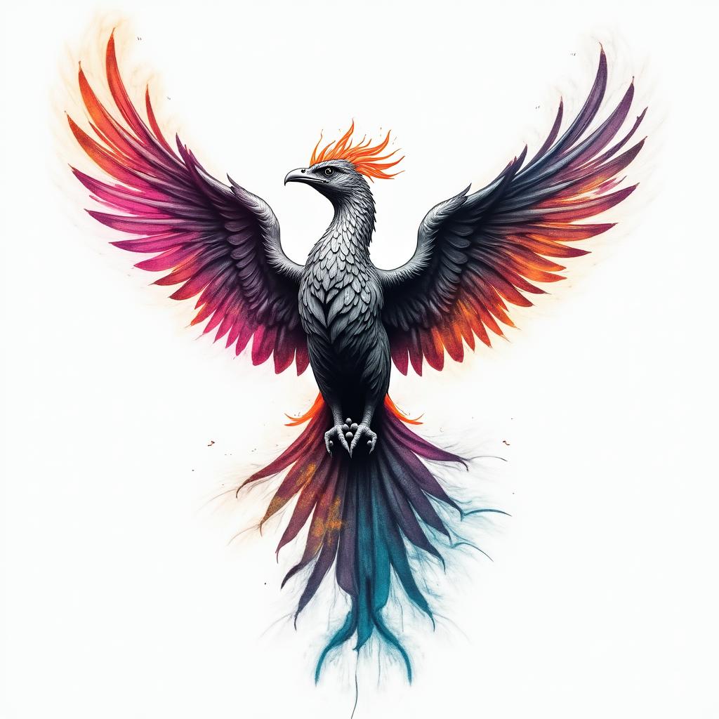 Flying phoenix with firein distorted and fragmented tattoo design, featuring a classical statue bust, in a glitch art style with vibrant, overlapping colors of cyan, magenta, and yellow, creating a digital distortion effect - Variation 3