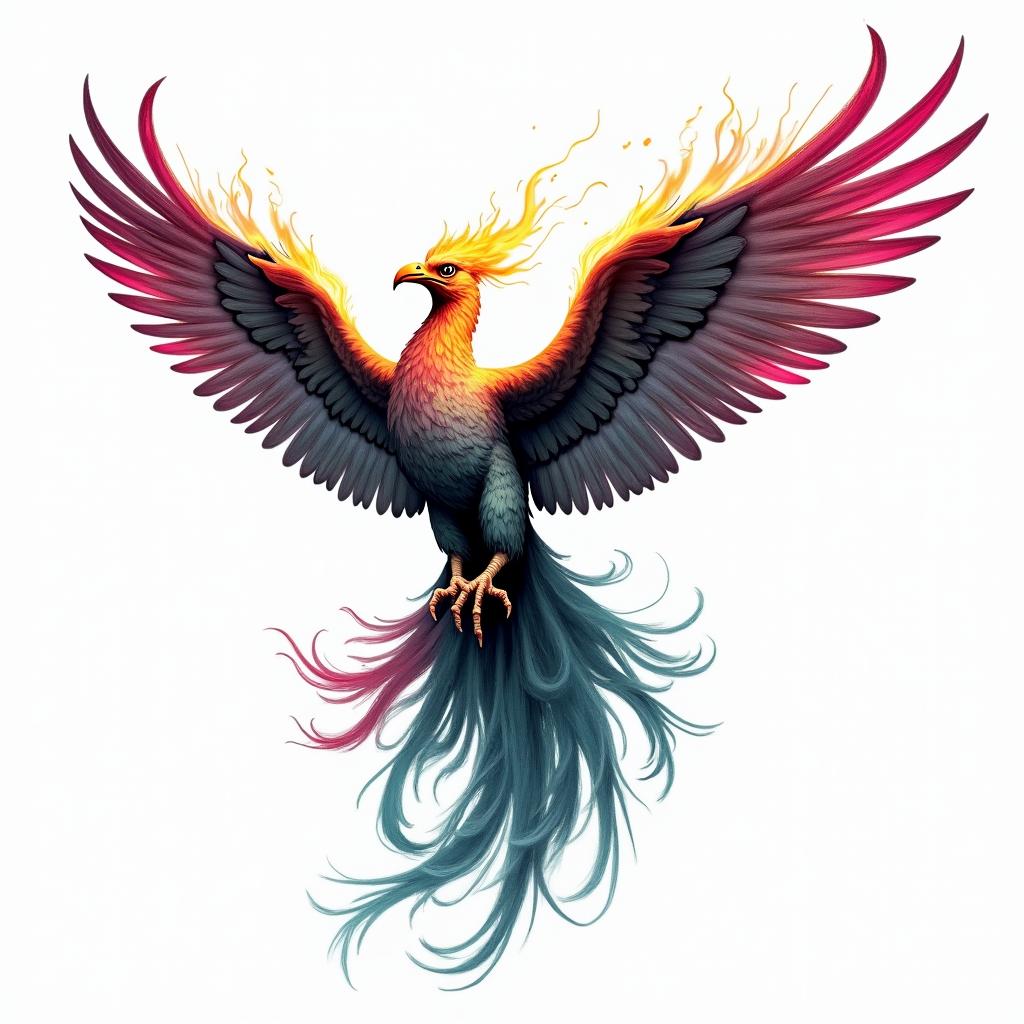 Flying phoenix with firein distorted and fragmented tattoo design, featuring a classical statue bust, in a glitch art style with vibrant, overlapping colors of cyan, magenta, and yellow, creating a digital distortion effect - Variation 4