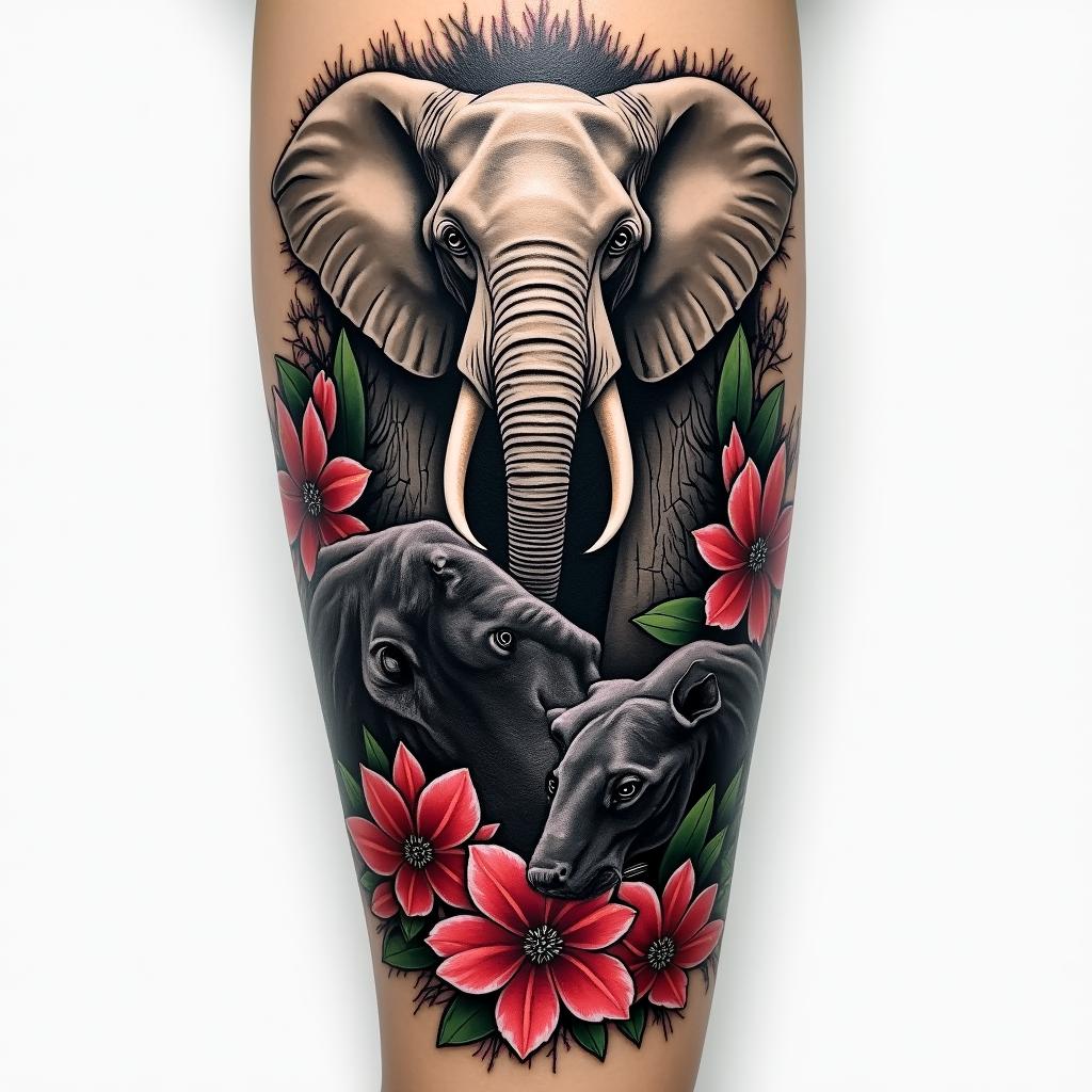 A realistic jungle tattoo designed as an arm sleeve featuring majestic elephants and a sleek black panther, surrounded by a lush environment with a waterfall behind the animals. The scene is adorned with vibrant flowers and incorporates the color red, symbolizing love, along with elements representing wisdom and strength.higly detailed tattoo - Variation 2