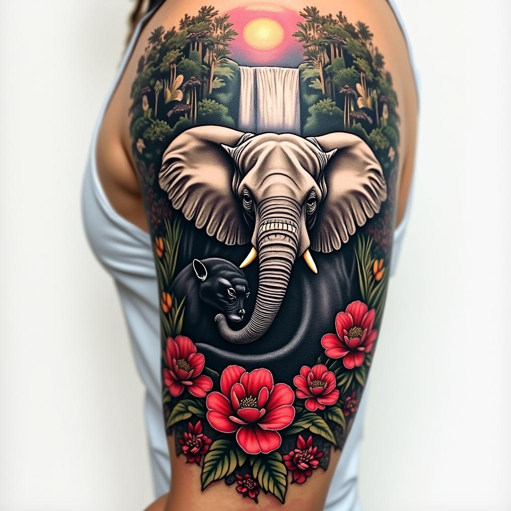 A realistic jungle tattoo designed as an arm sleeve featuring majestic elephants and a sleek black panther, surrounded by a lush environment with a waterfall behind the animals. The scene is adorned with vibrant flowers and incorporates the color red, symbolizing love, along with elements representing wisdom and strength.higly detailed tattoo - Variation 3