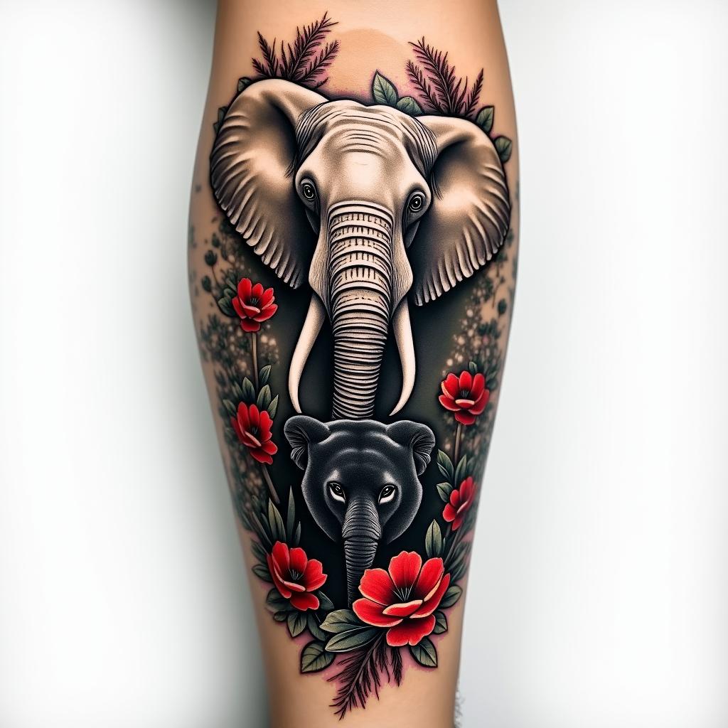 A realistic jungle tattoo designed as an arm sleeve featuring majestic elephants and a sleek black panther, surrounded by a lush environment with a waterfall behind the animals. The scene is adorned with vibrant flowers and incorporates the color red, symbolizing love, along with elements representing wisdom and strength.higly detailed tattoo