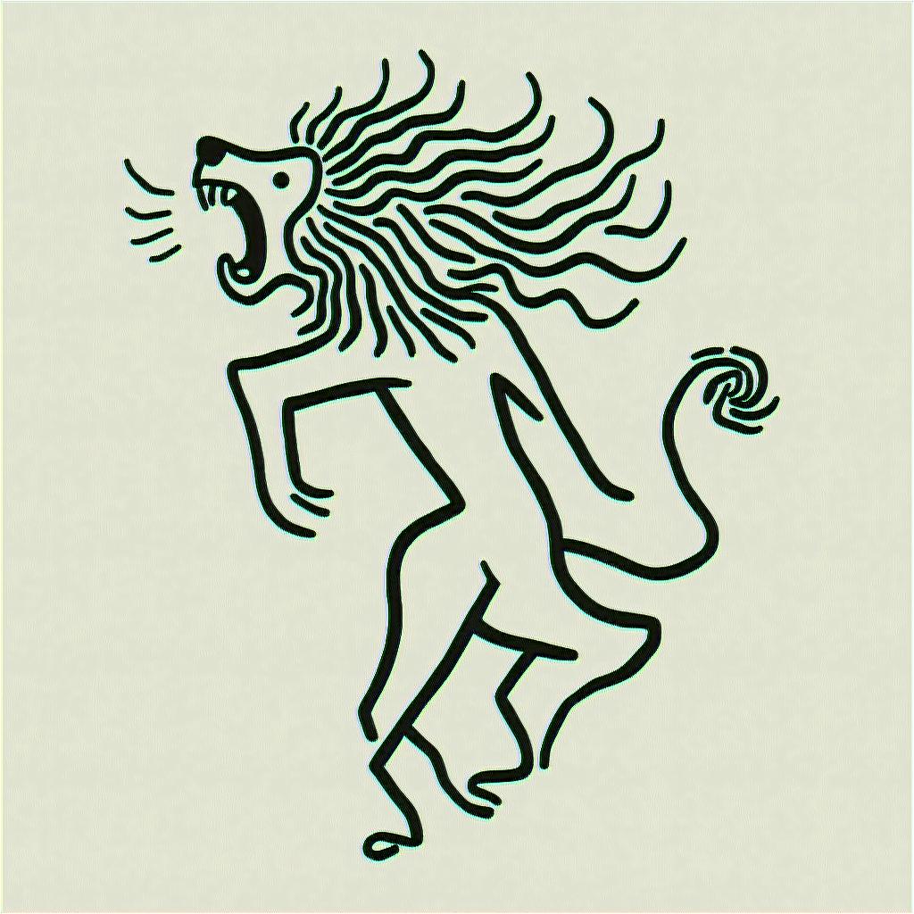 Roaring lion with a flowing maneabstract dancing figures in Keith Haring style, featuring bold black outlines and solid color fills, figures posed in dynamic and playful dance movements, minimalist design - Variation 4