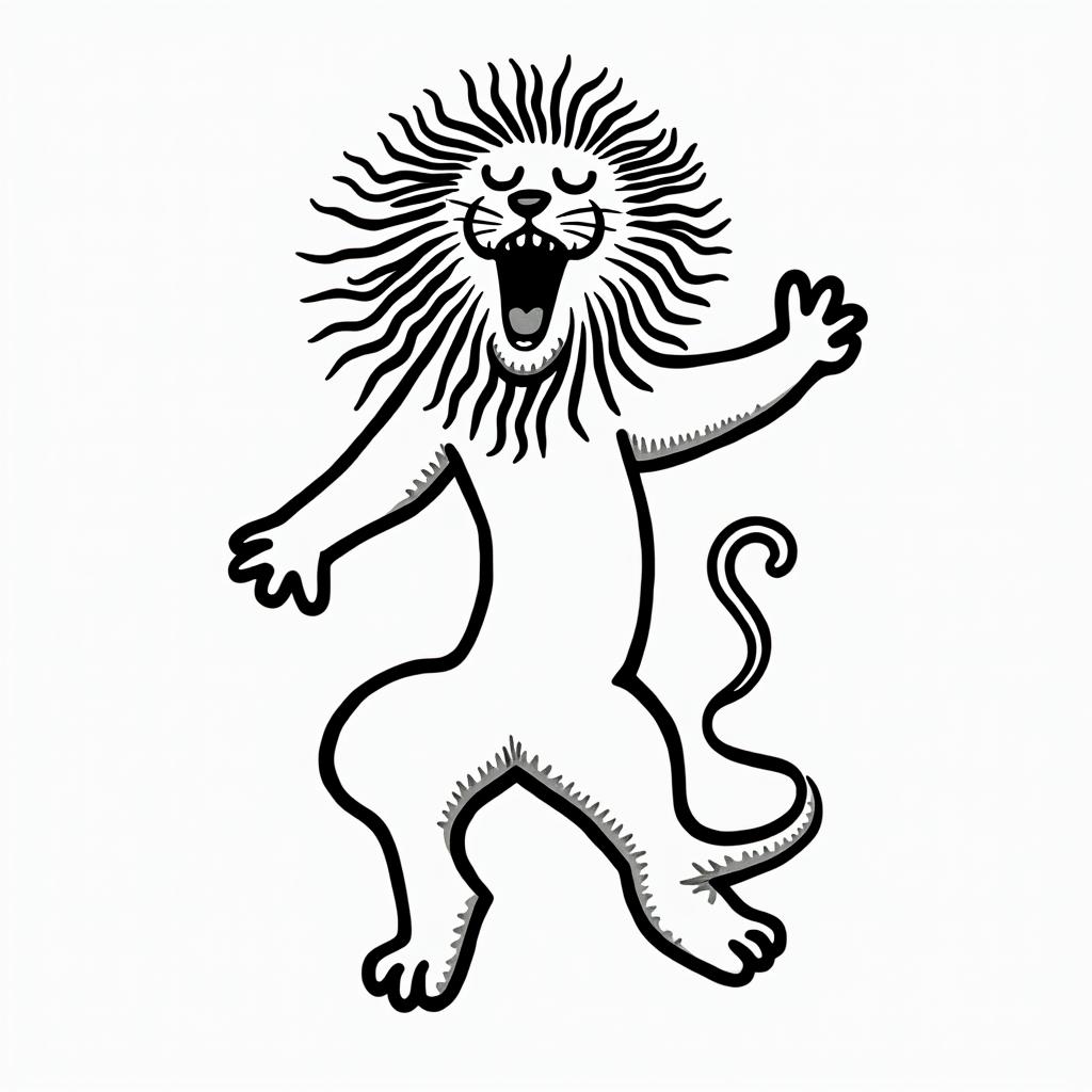 Roaring lion with a flowing maneabstract dancing figures in Keith Haring style, featuring bold black outlines and solid color fills, figures posed in dynamic and playful dance movements, minimalist design