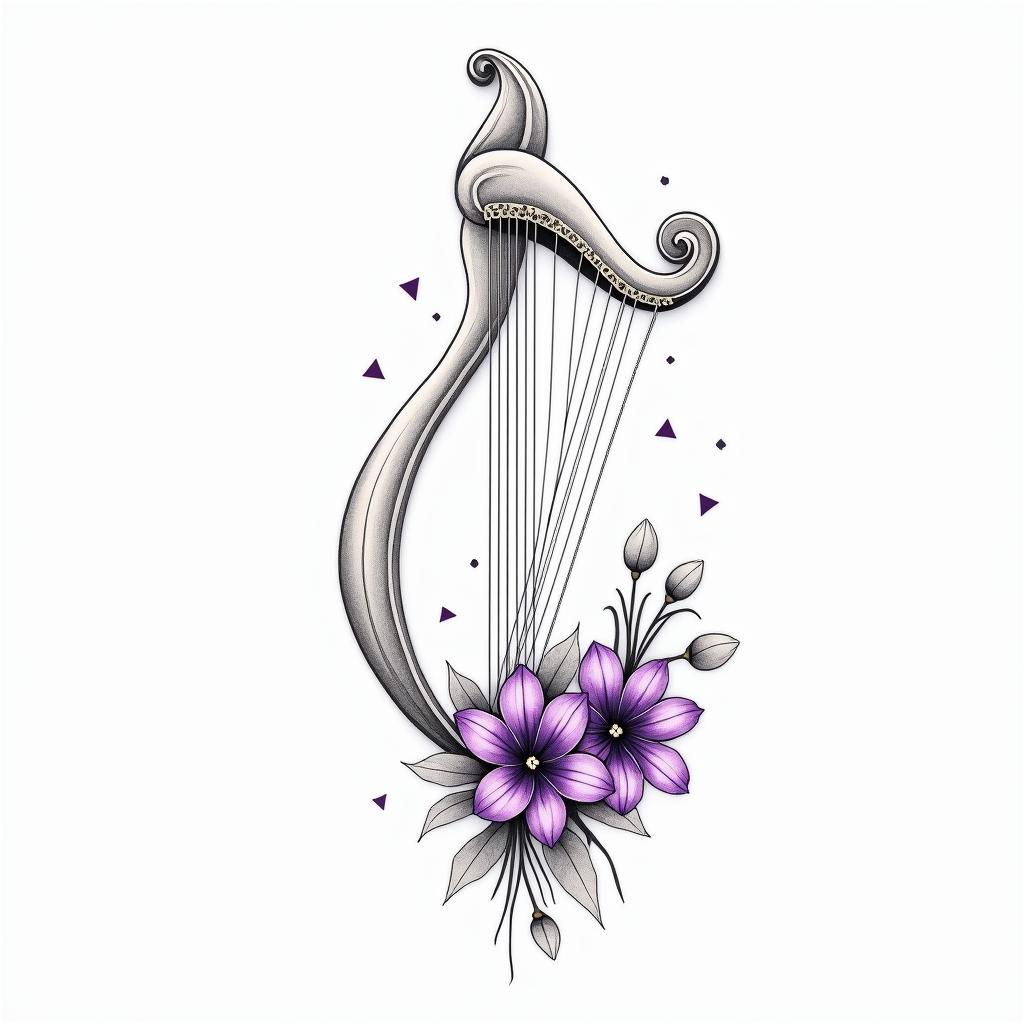 Delicate Harp with Violet Flowersin minimalist style tattoo, featuring simple shapes and fine lines, with minimal shading and details, tiny triangles, creating a sense of balance and harmony - Variation 3