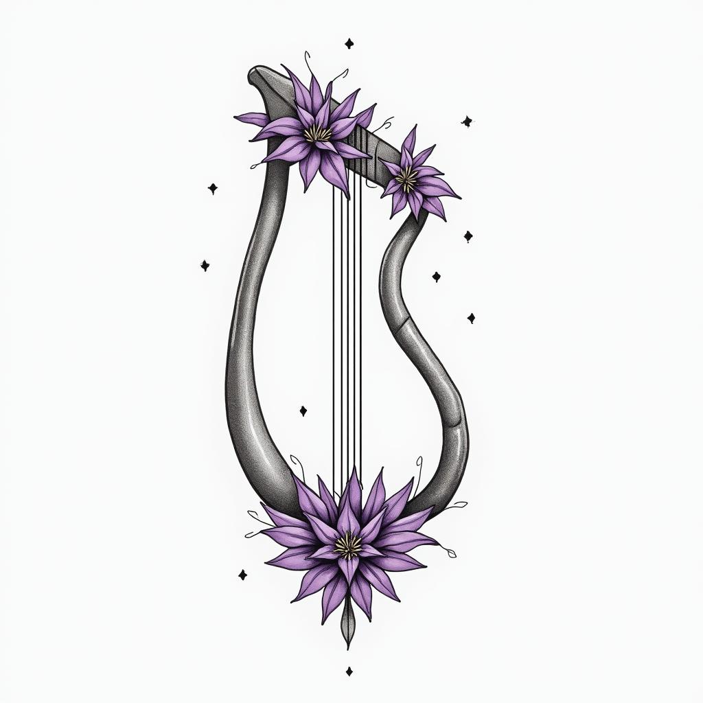 Delicate Harp with Violet Flowersin minimalist style tattoo, featuring simple shapes and fine lines, with minimal shading and details, tiny triangles, creating a sense of balance and harmony - Variation 4
