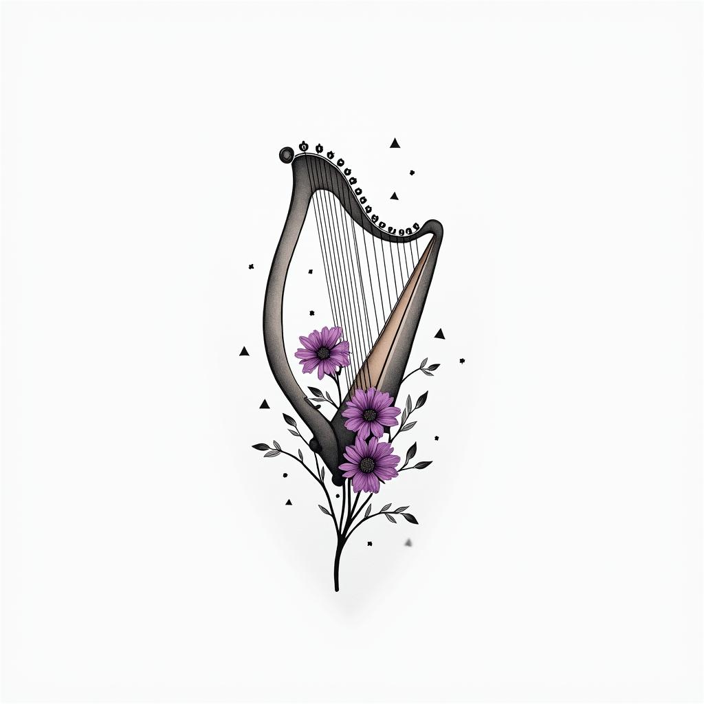 Delicate Harp with Violet Flowersin minimalist style tattoo, featuring simple shapes and fine lines, with minimal shading and details, tiny triangles, creating a sense of balance and harmony - Variation 2