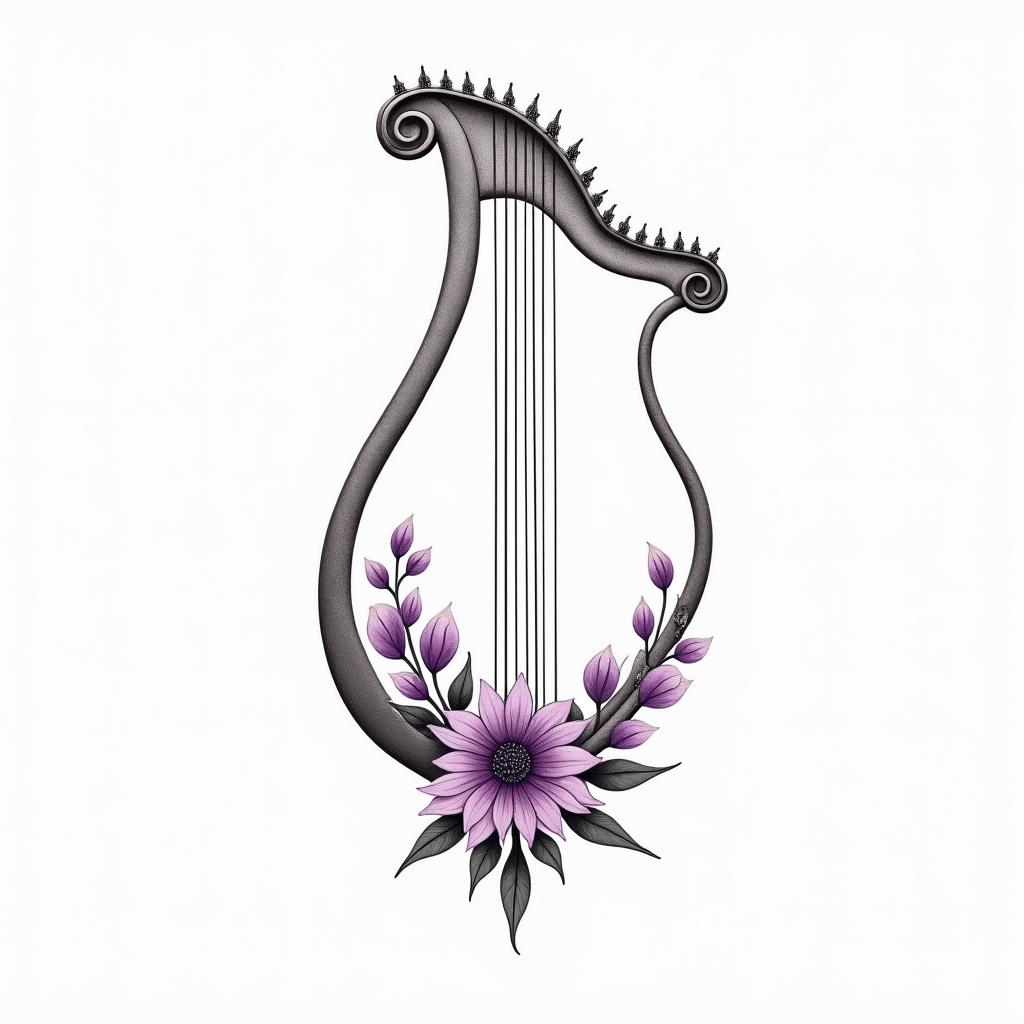 Delicate Harp with Violet Flowersin minimalist style tattoo, featuring simple shapes and fine lines, with minimal shading and details, tiny triangles, creating a sense of balance and harmony