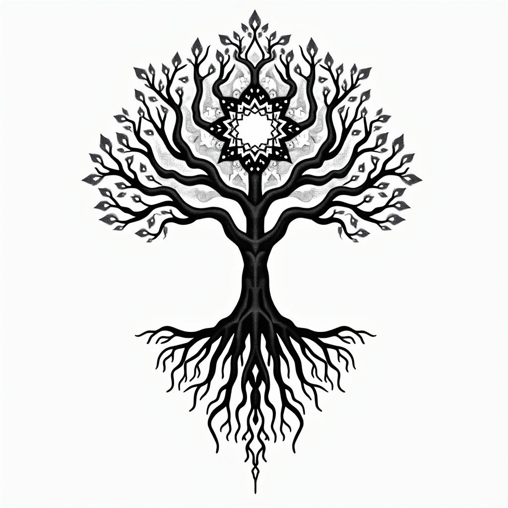 Tree of life with roots and branches in geometric style tattoo, blending hexagons, mandala-inspired patterns, symmetrical and fractal design, clean lines, sharp angles - Variation 3