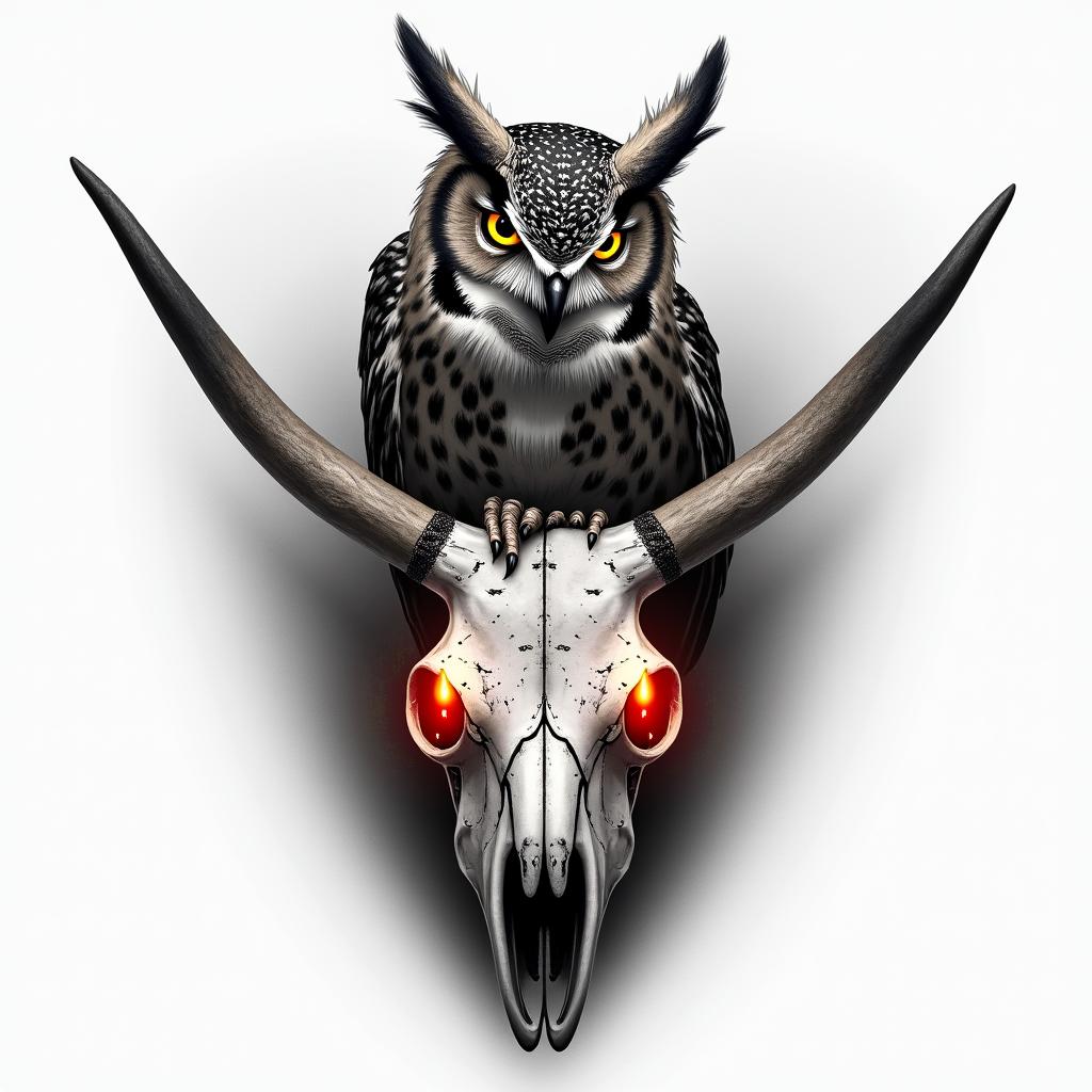A horned owl perched onto a bull skull with red candles burning in the skills eye sockets with the owl having glowing yellow eyes with steam coming off of themin realism tattoo style, featuring a highly detailed, lifelike, capturing every detail, photorealistic, ultra realistic, intricate shading, smooth and sharp,  