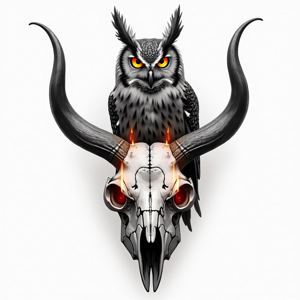 A horned owl perched onto a bull skull with red candles burning in the skills eye sockets with the owl having glowing yellow eyes with steam coming off of themin realism tattoo style, featuring a highly detailed, lifelike, capturing every detail, photorealistic, ultra realistic, intricate shading, smooth and sharp,   - Variation 2