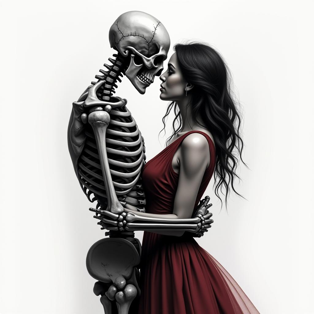 A realistic black and gray tattoo featuring a skeleton slow dancing with a dark-haired woman in a dark red/burgundy dress. The scene captures a moody and romantic atmosphere, with dramatic shadows and soft lighting enhancing the emotions. The skeleton, depicted with masculine features, conveys strength and grace, while the overall design symbolizes the beauty of love and connection in an artistic and captivating way.higly detailed tattoo