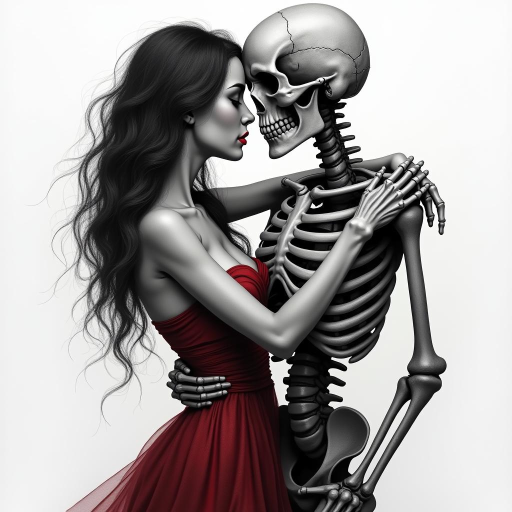 A realistic black and gray tattoo featuring a skeleton slow dancing with a dark-haired woman in a dark red/burgundy dress. The scene captures a moody and romantic atmosphere, with dramatic shadows and soft lighting enhancing the emotions. The skeleton, depicted with masculine features, conveys strength and grace, while the overall design symbolizes the beauty of love and connection in an artistic and captivating way.higly detailed tattoo - Variation 2